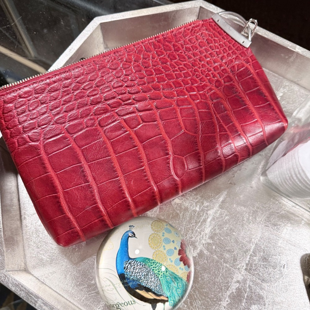 Prune Wristlet Clutch Women Small Red Excellent Croc Embossed Leather‎ Zip